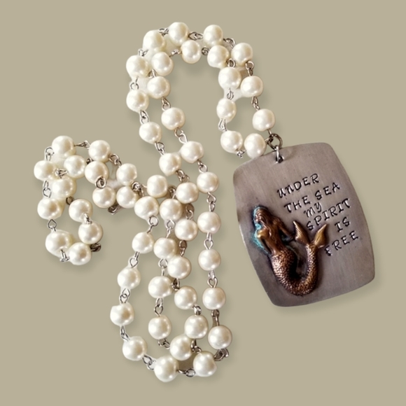 Hand Crafted Hand Stamped Faux Pearl Mermaid Pendant Necklace - Picture 3 of 16